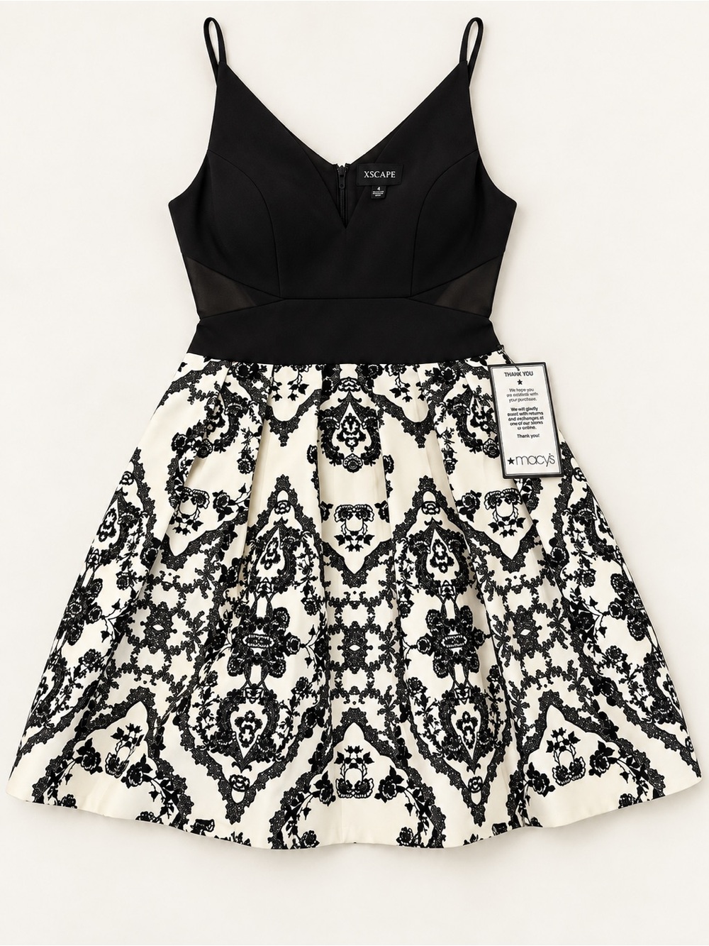 X by Xscape Black Ivory Scroll Motif Fit & Flare Dress, Size 4, NWT